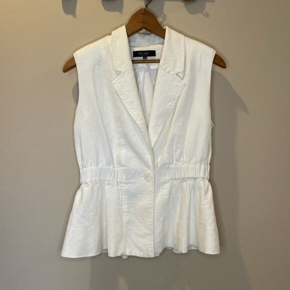 Rachel Roy White Scrunch Waist Collared Padded A-Line Linen Top Womens Size M - Picture 1 of 7